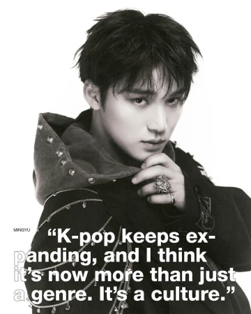 Monochrome portrait of a young Asian man in a hooded jacket with decorative embellishments, jewelry, and a quote about K-Pop culture.