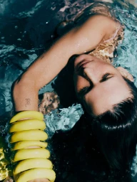 Model Waleska Gorczevski floating in water wearing stacked yellow bangles on her arm, photographed by Hick Duarte for Vogue Brasil.