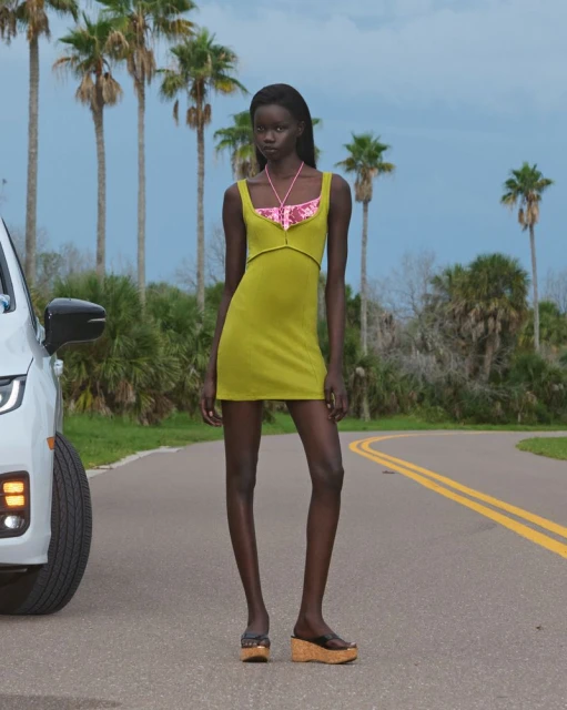 A stylish adult woman poses on a road next to a car. Tall palm trees and a cloudy sky form the backdrop for this fashion shot.