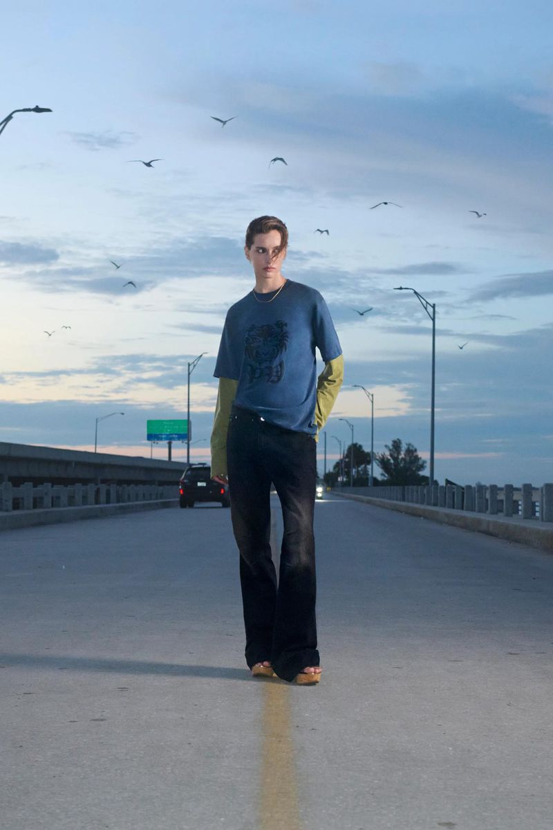 Teen stands on a bridge at dusk with a car and flock of birds in the background, wearing jeans and a blue t-shirt.