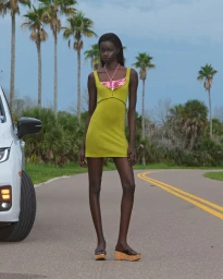 Model standing on a paved road lined with palm trees wearing a chartreuse mini dress and platform sandals for PRISCAVera
