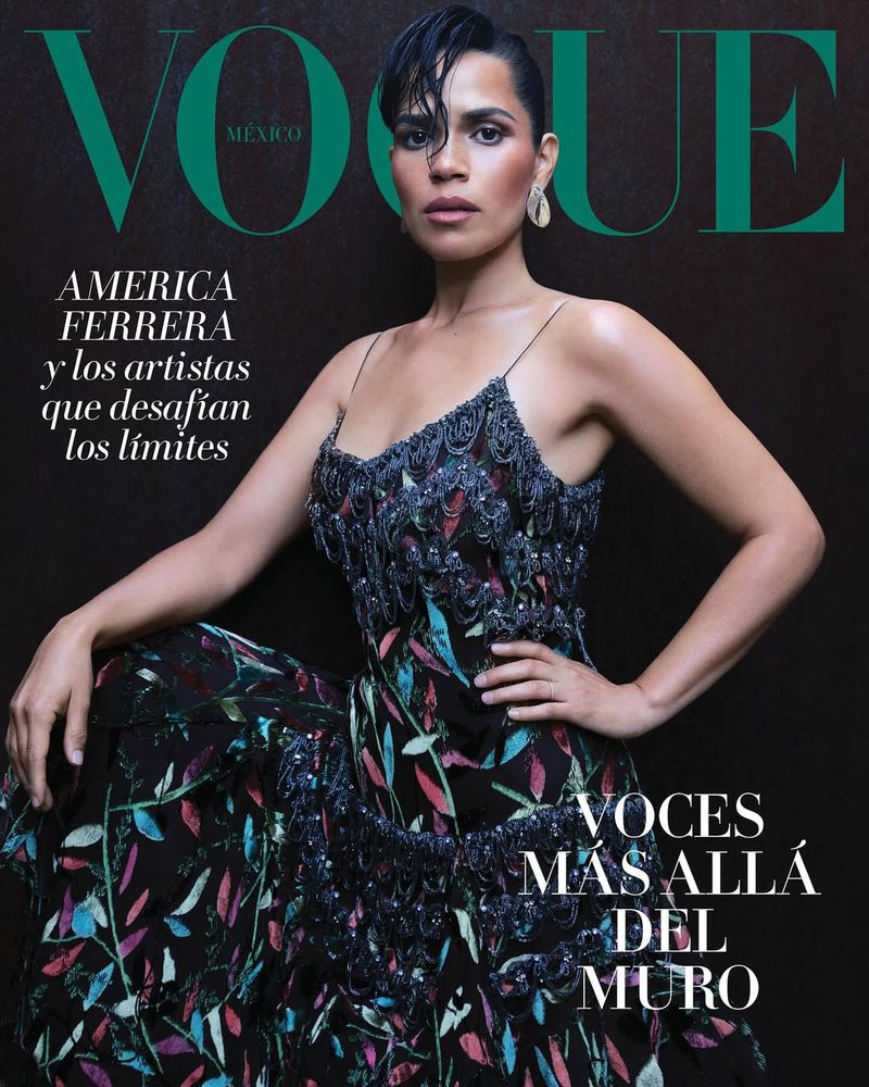 America Ferrera on the cover of Vogue Mexico, wearing an embellished floral-print dress against a dark background with Vogue masthead.