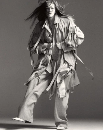 Monochromatic fashion shot: an adult female strides forward, wearing a deconstructed trench coat and wide-leg pants against a grey backdrop.