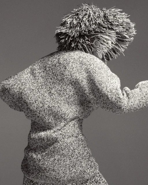 Monochrome fashion shot of an adult wearing a textured dress and an unusual headdress, posing with their back to the camera in a studio.