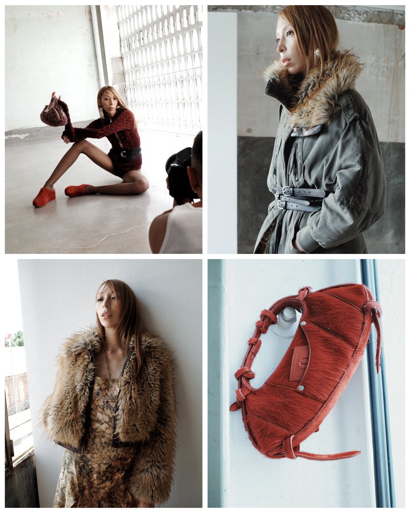 Fashion collage featuring four images: model in a gritty urban setting, close-up of winter coat, model in fur coat, and a leather handbag.