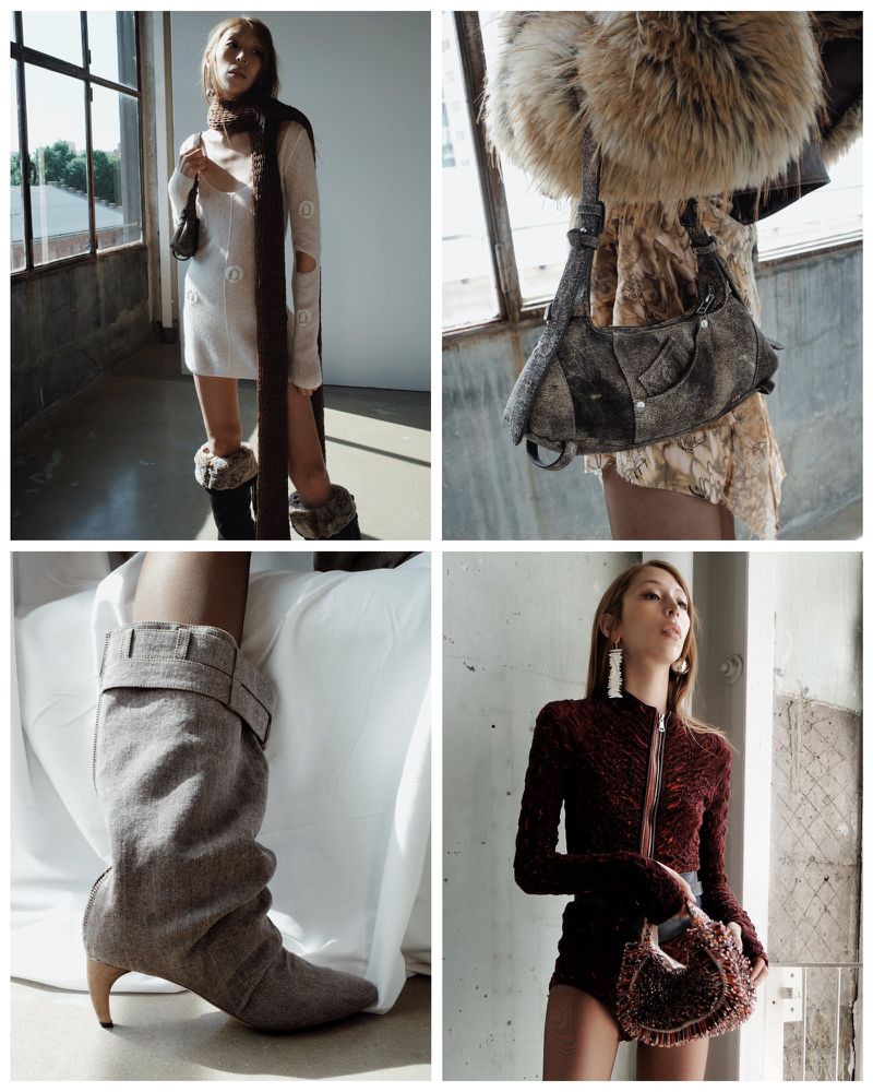 Collage of four fashion-forward images: a woman in a white dress, a fur bag, a high-heeled boot, and a woman in a fitted jacket.