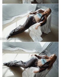 Model Issa Lish reclines in a draped armchair wearing a blue crop top and brown jacket for Desigual Studio F/W 25 Campaign