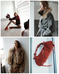 Four-panel fashion campaign collage featuring model Issa Lish in designer apparel and a textured red handbag for Desigual.