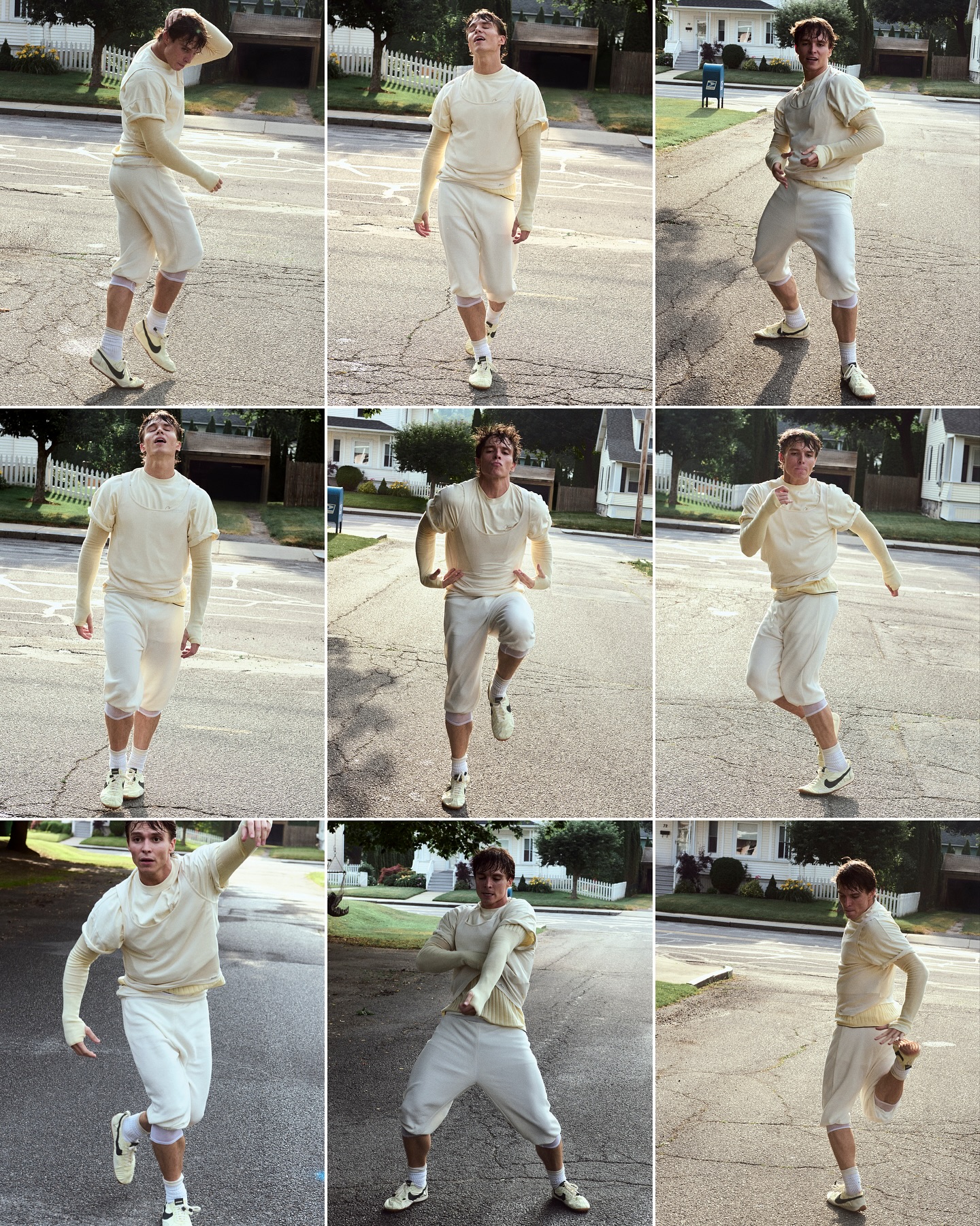 Male in vintage football uniform strikes athletic poses in a collage, set against a backdrop of a suburban neighborhood street with houses.