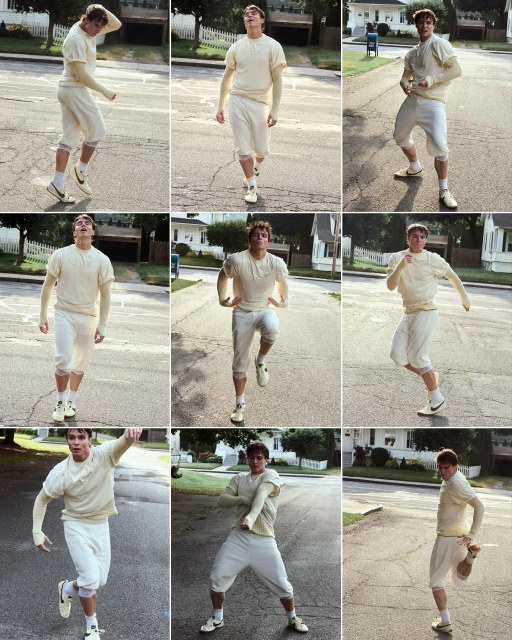 Male in vintage football uniform strikes athletic poses in a collage, set against a backdrop of a suburban neighborhood street with houses.