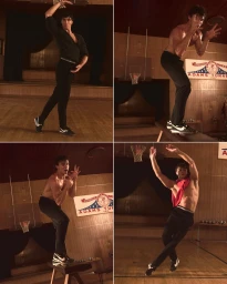 Four-panel image showing a male dancer in black trousers and sneakers posing dynamically inside a gymnasium setting.