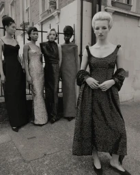 Model with a blonde bouffant updo wearing a dark textured midi dress on a street with four models in evening gowns standing behind her.