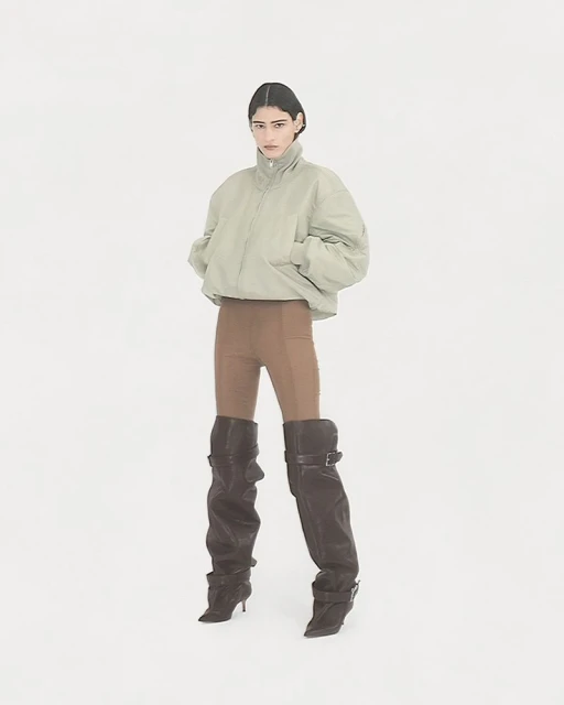 A model poses in a studio wearing a light green puffer jacket, brown leggings, and black leather heeled boots against a white background.