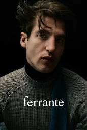 Portrait of a man in a textured knit sweater against a dark background for Ferrante F/W 26