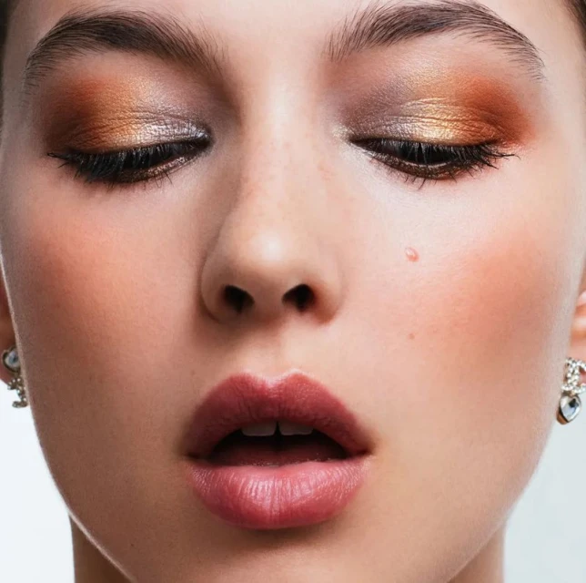 Close-up of a woman's face with golden bronze eyeshadow and glossy lips. She wears small stud earrings in front of a light background.