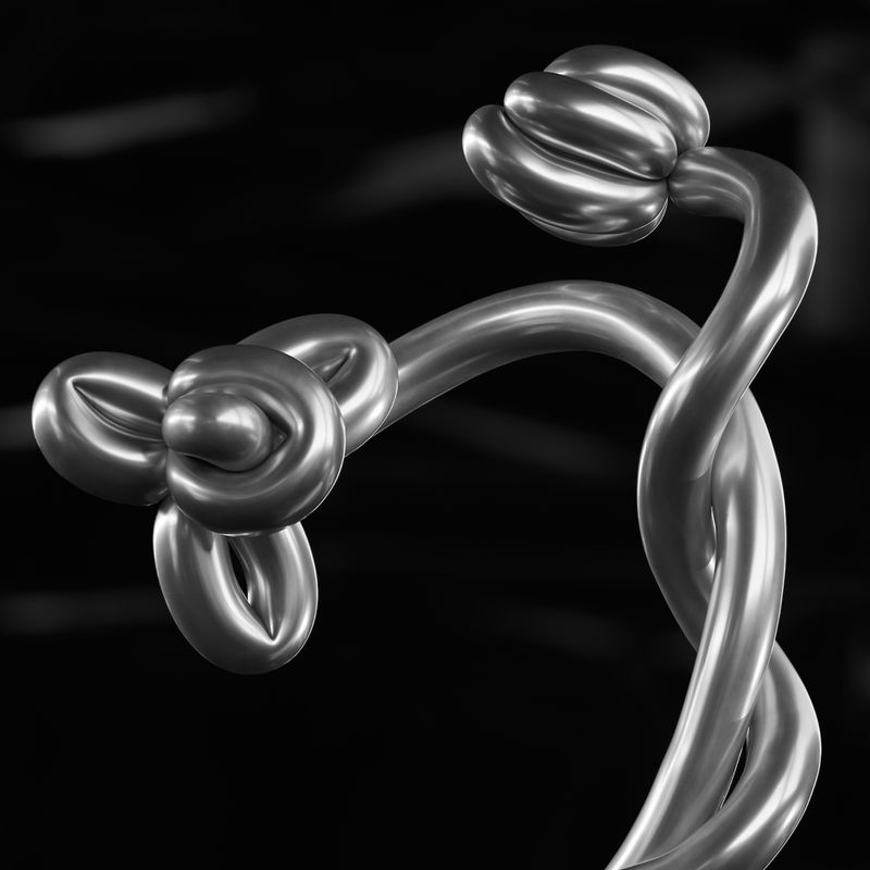 Abstract monochrome photograph of a metallic balloon sculpture in a knotted, twisted design against a dark, blurred background. Modern art.