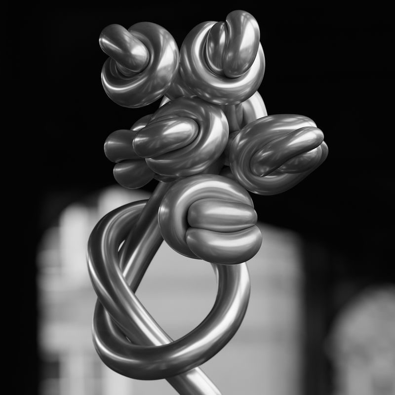 Abstract monochrome image of a shiny, silvery metal sculpture with a series of interlocked and tied knots, set against a dark background.