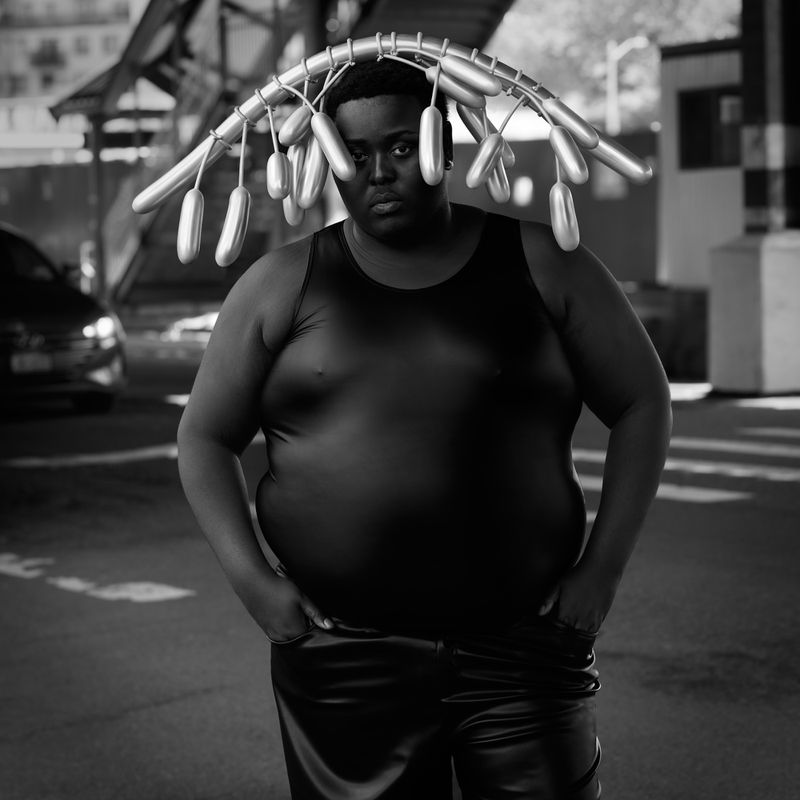 Monochrome portrait of a person wearing a black outfit and an unusual, silvery headdress made of hanging, cylindrical shapes.