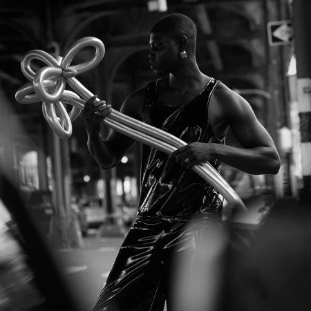 Monochrome portrait of a stylish Black male in a tank top holding balloon art under a city overpass, offering a moody urban aesthetic.