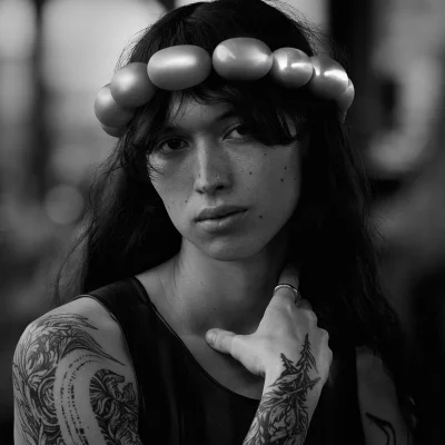 Portrait of a model with dark hair wearing a metallic balloon headpiece and dark sleeveless top with arm tattoos