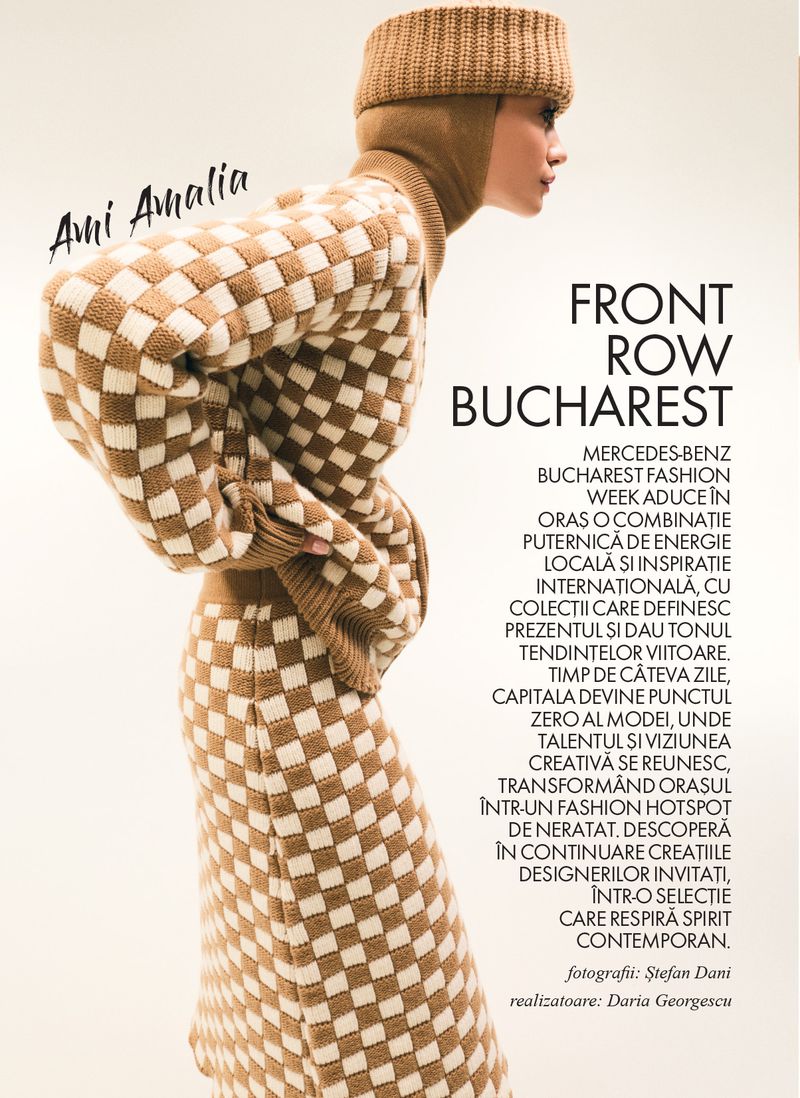 Fashion editorial shot of a woman wearing a checkered knit outfit with a hood. The outfit is tan and white, set against a neutral background.