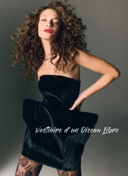 Model with voluminous curly hair wearing a strapless black dress and patterned tights against a gradient grey studio backdrop.