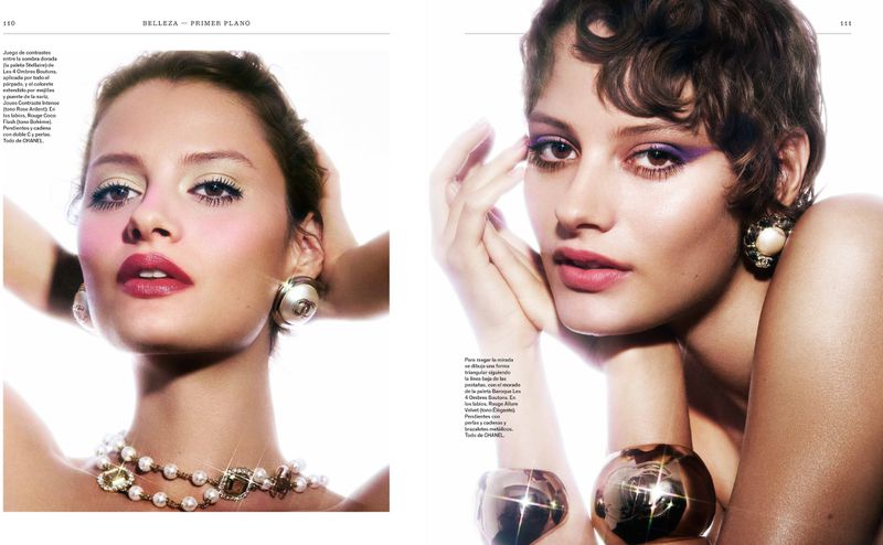 Two portrait shots showcase a young adult woman with short wavy hair, wearing pearl jewelry and makeup in a bright, white studio setting.