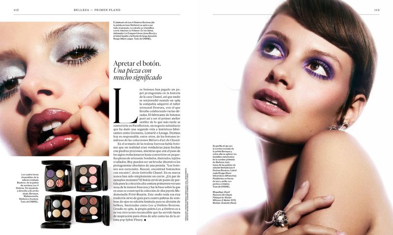 Close-up of a woman with purple eyeshadow and glossy lips in a beauty editorial, alongside eyeshadow palettes and magazine text.