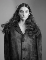 Portrait of a model with long wavy hair wearing a buttoned dark coat against a plain gradient studio background.