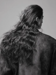 Model with long wavy hair viewed from behind wearing a textured dark jacket against a plain grey background