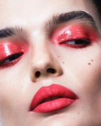 Extreme close-up beauty shot of a model wearing glossy coral-red eye makeup and matte red lipstick with defined dark eyebrows.