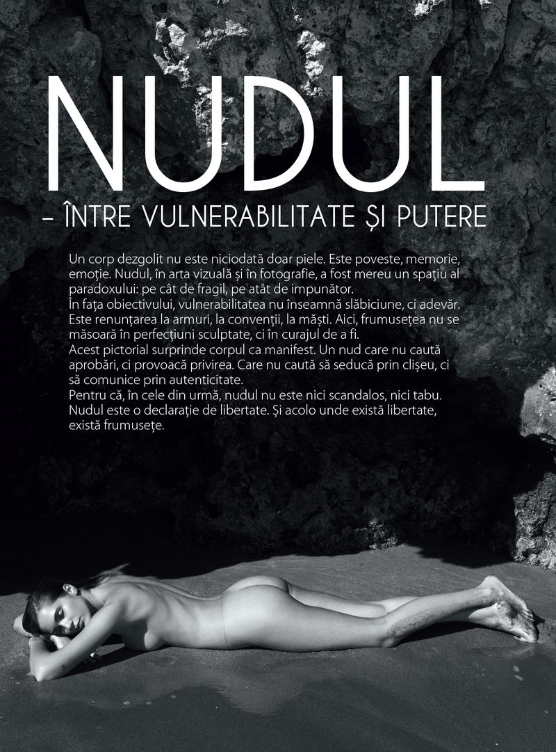 Monochrome photo of a nude adult female lying on a beach with a rock cave background and dominant text overlay in Romanian.