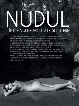 Monochrome photo of a nude adult female lying on a beach with a rock cave background and dominant text overlay in Romanian.