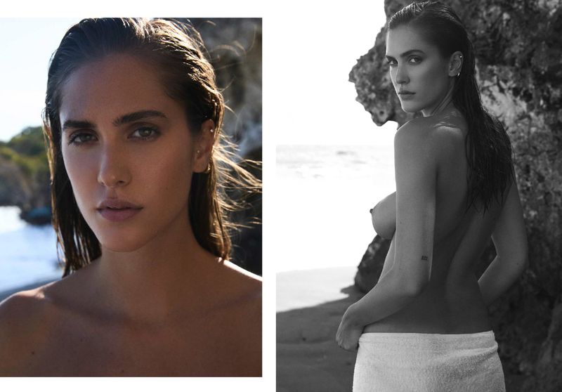 Split-screen portrait of an adult female on a beach: headshot in color, back view with a towel in black and white.