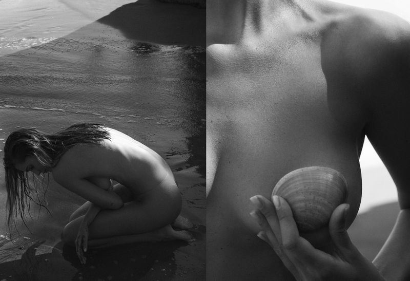 Monochrome image featuring a nude woman kneeling on a beach with wet hair, juxtaposed with a close-up of a woman holding a seashell.