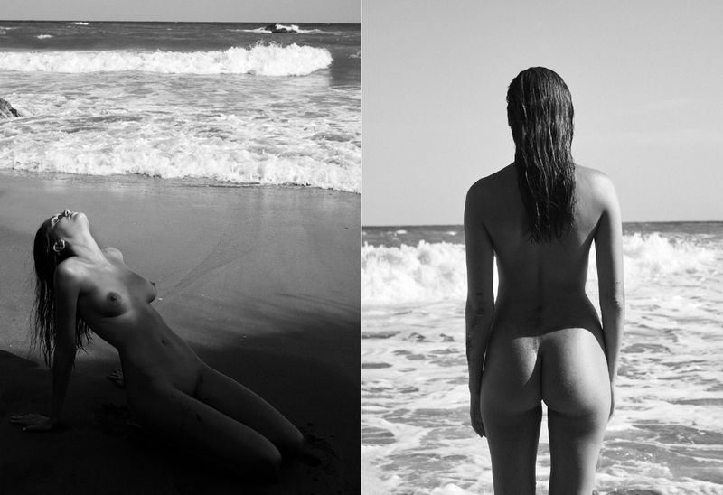 Monochrome diptych: Nude woman sits on a black sand beach with waves. A second nude woman faces the ocean with waves breaking.