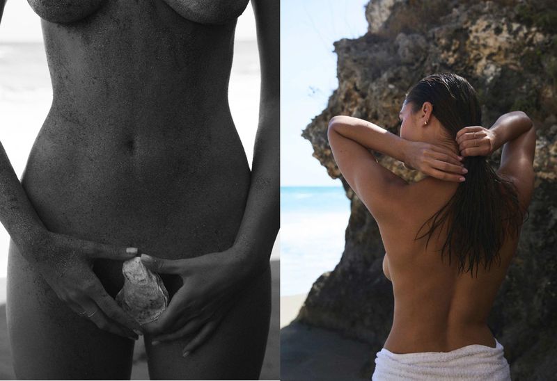 Split image of a woman with partial nudity, one holding an oyster shell and the other with a towel, both at a beach.
