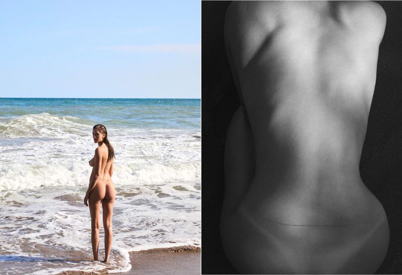 Nude woman standing in the ocean, looking back at camera. Black and white nude figure with back to camera in photo studio.