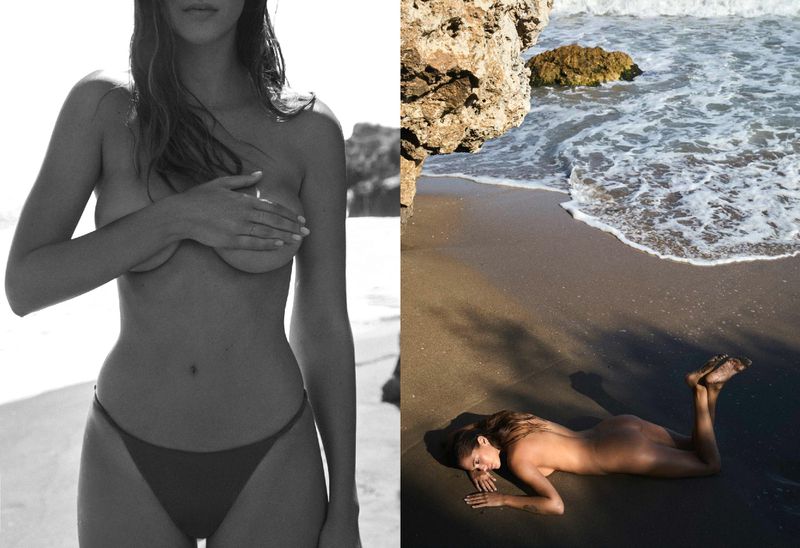 Woman on the beach with waves lapping on the shore in a split-screen black and white and color lifestyle fashion shot.