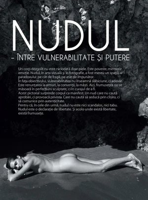 Black and white editorial layout featuring a woman lying nude on wet sand beneath a textured rocky cliff.