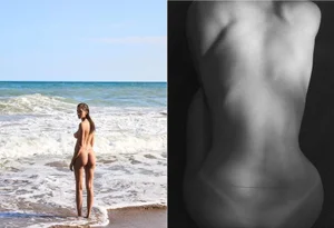 Diptyptique fashion editorial featuring a nude woman standing by the ocean and a close-up black and white back study shot.
