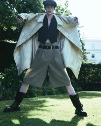 Model wearing a flat cap, oversized gold coat, black vest, pleated shorts, and tall boots standing on a lawn.