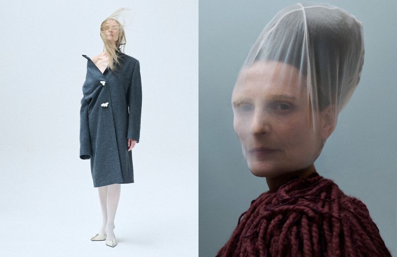 Two images side-by-side: woman in gray coat with white tights and shoes; woman with head wrapped in net with maroon textured collar.