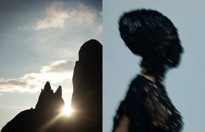 Abstract visual split between sunlit rock formations against sky and a blurred female bust wearing dark textured clothing.