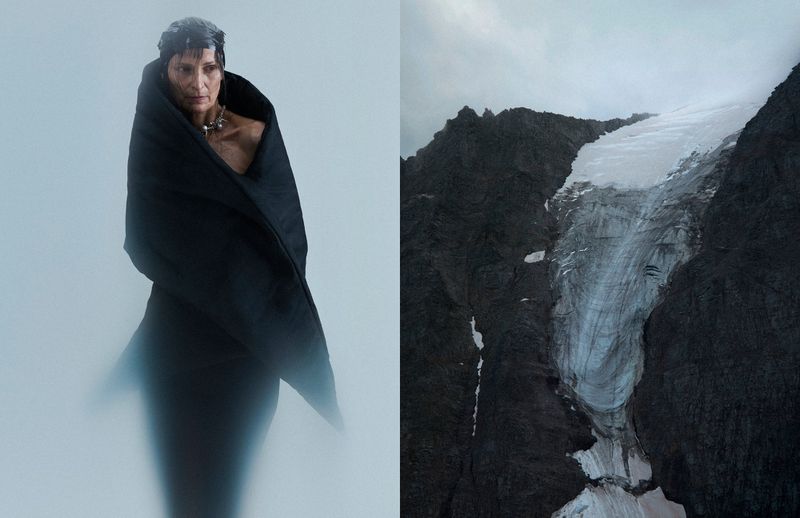 Striking image of an adult female wrapped in black fabric, juxtaposed with a view of a glacier cascading down a mountain.
