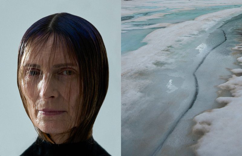 Portrait of an adult female with blue tinted hair next to a landscape of melting ice and water, creating a diptych effect.