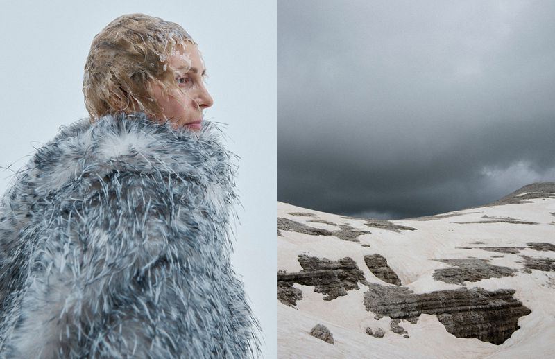 Profile view of a woman with elaborate hair and a grey feather coat, contrasted with a snow-covered mountain landscape under an overcast sky.