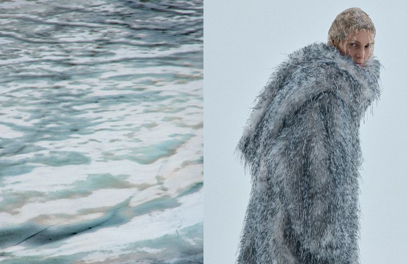 Woman in a gray fur coat stands on the right side of the frame with a snowy, blue-tinted landscape on the left side of the frame.