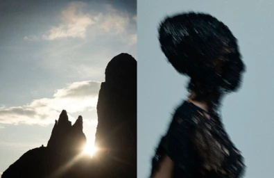 Diptyque fashion editorial image featuring a rocky mountain landscape and a blurred figure in black lace