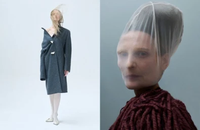 Diptych fashion editorial featuring a model in a dark coat and a close-up portrait with sheer head covering against a neutral background.